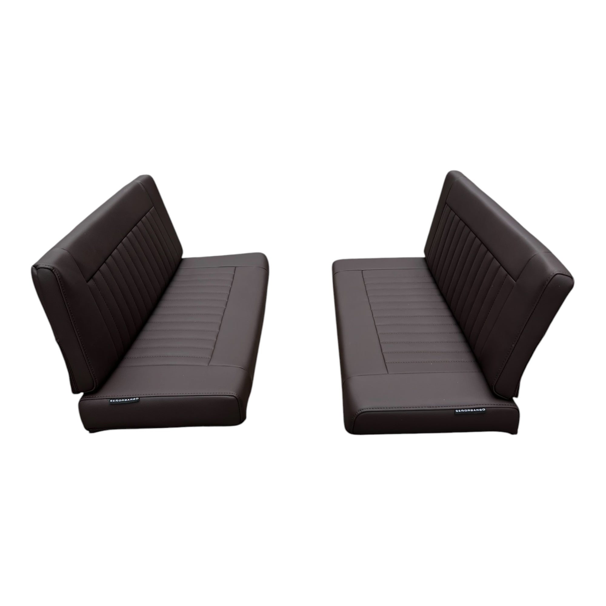 Two brown leather car seat covers on a white background