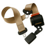 Car seat belt with black plastic hardware on a white background