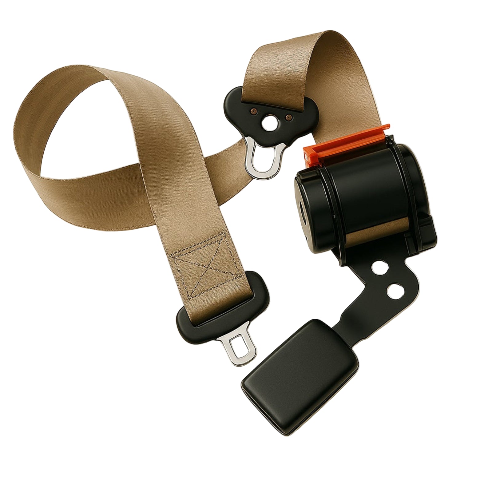 Car seat belt with black plastic hardware on a white background