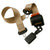 Car seat belt with black plastic hardware on a white background