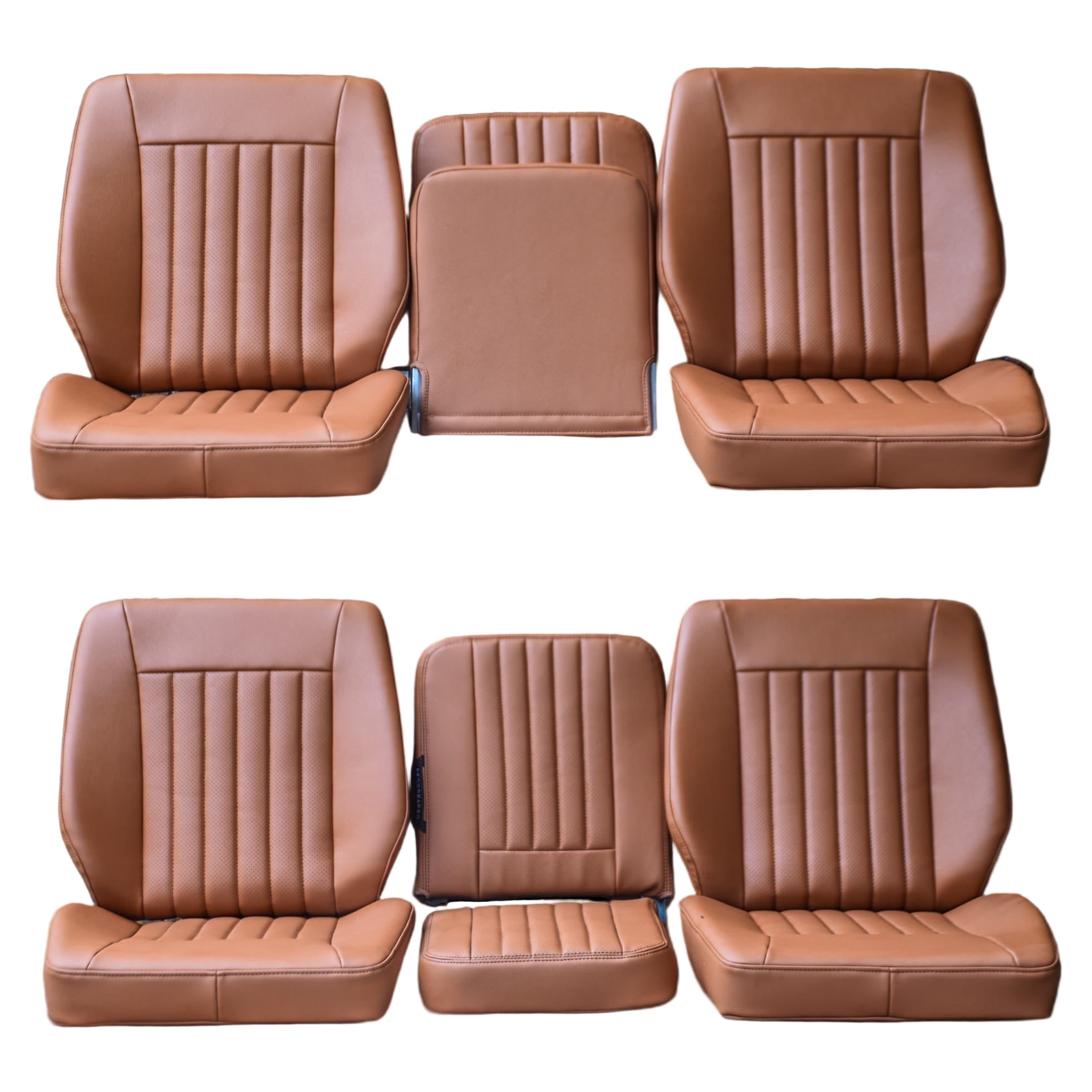 Set of brown leather car seats arranged in a grid on a black background