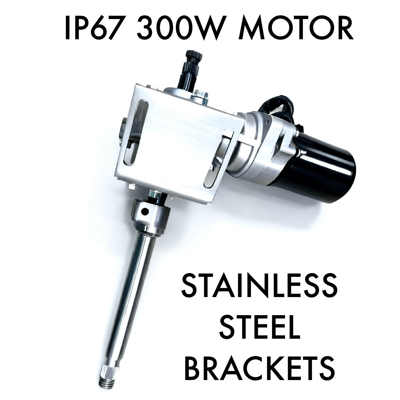 Motor with stainless steel brackets on a white background, labeled &#39;IP67 300W MOTOR&#39; and &#39;STAINLESS STEEL BRACKETS&#39;.