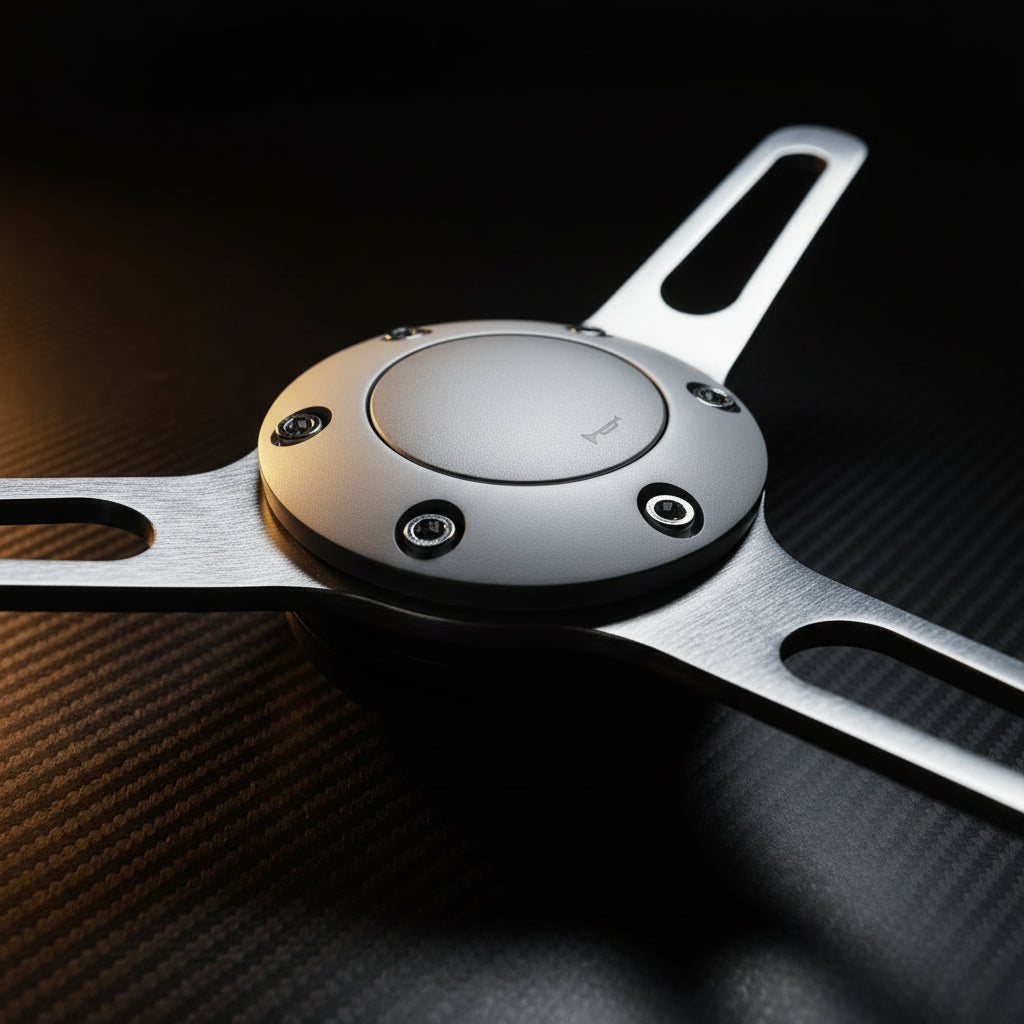 Metallic tool or device with circular component on a wooden surface