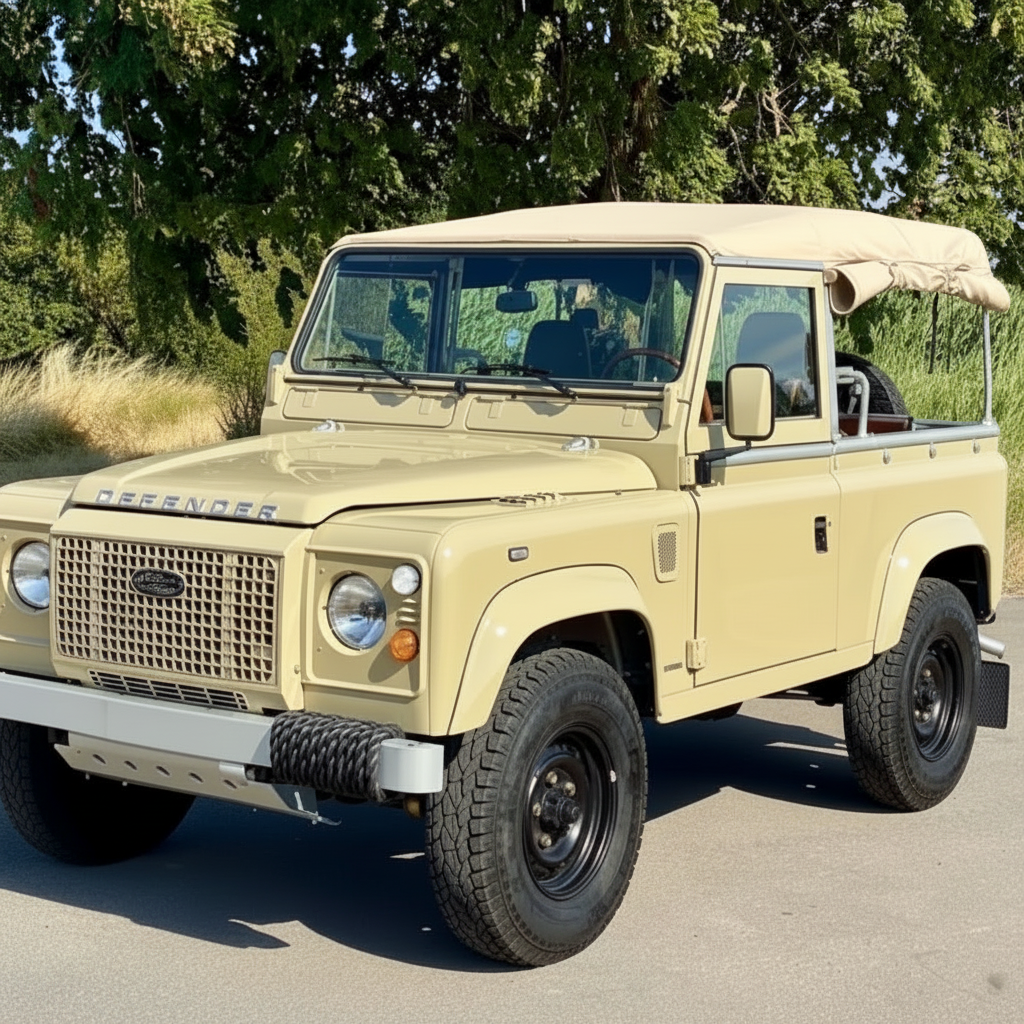 A beige Land Rover Defender off-road vehicle with a tan canvas soft top, parked outdoors on a paved surface with trees in the background.