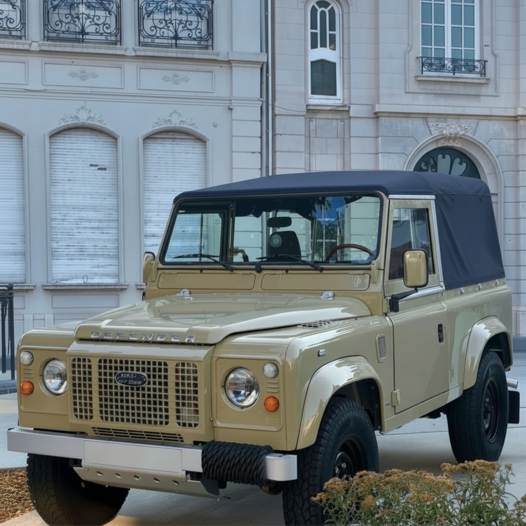 A vintage beige Land Rover Defender with a black convertible top parked in front of a light-colored stone building.