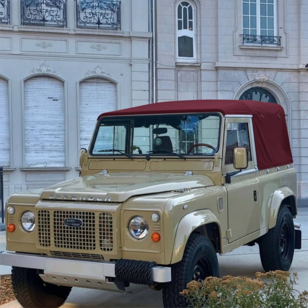 A vintage Land Rover Defender with a beige body and a dark red convertible top, parked outdoors in front of a light-colored stone building.