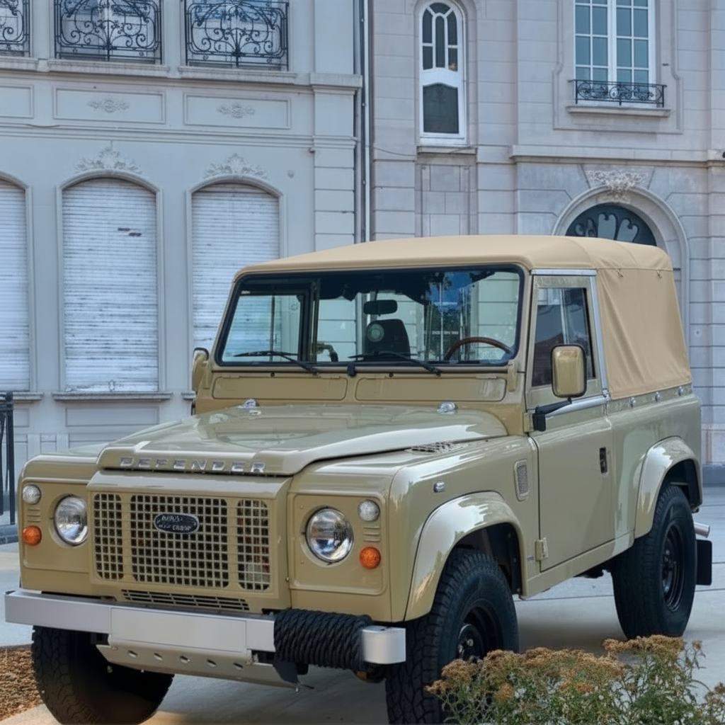 A beige Land Rover Defender soft-top vehicle parked outdoors in front of a light-colored stone building.