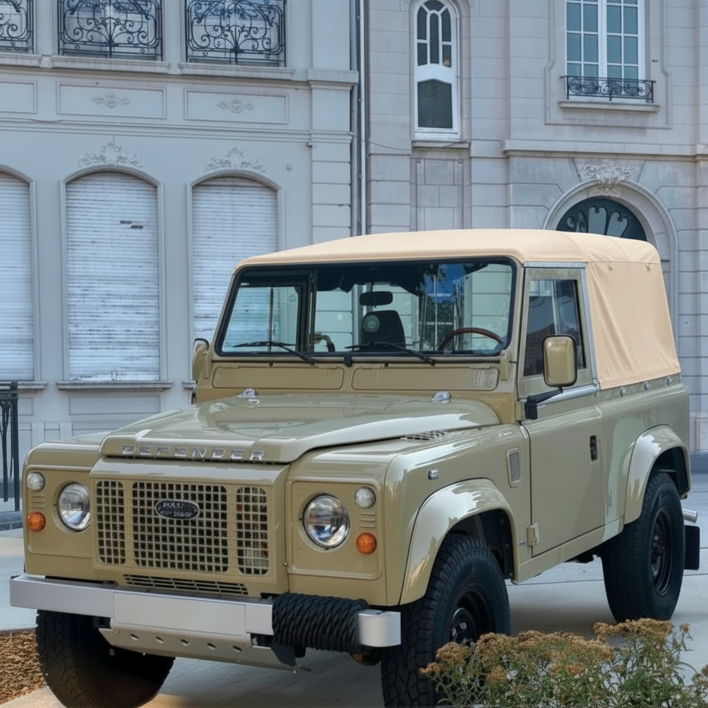 A vintage-style Land Rover Defender utility vehicle in beige with a tan canvas soft top, parked outdoors in front of a light-colored building.