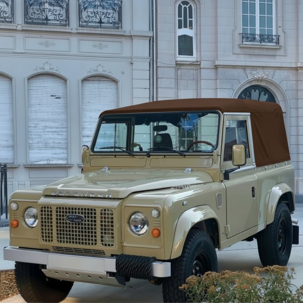 A beige Land Rover Defender soft-top vehicle parked outdoors in front of a light-colored building facade.