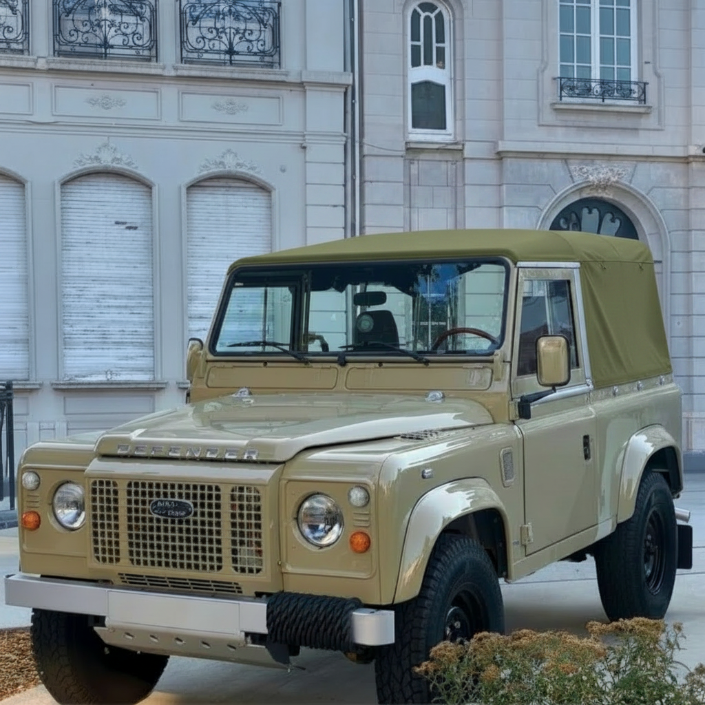 A vintage-style Land Rover off-road vehicle in a light tan/beige color with an olive green canvas top, parked outdoors in front of a light-colored building.