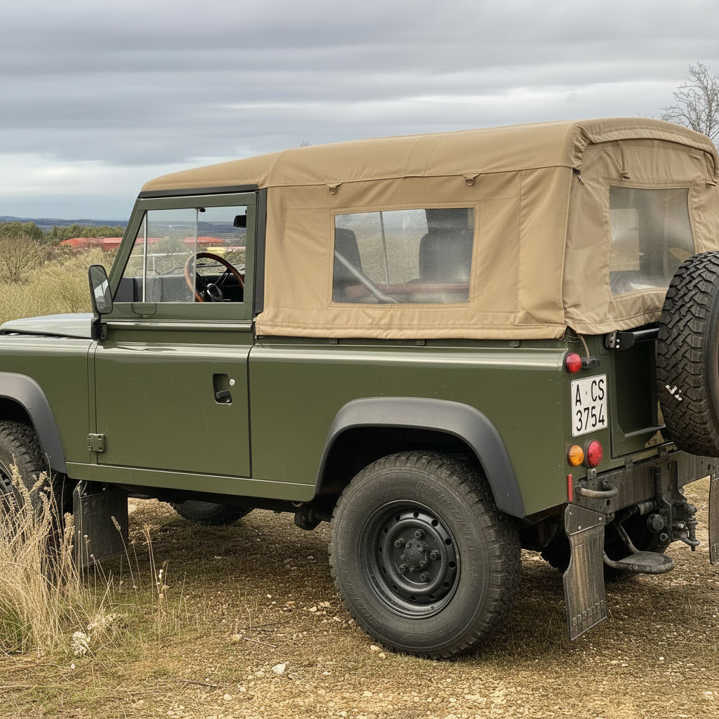 An olive green Land Rover Defender with a beige canvas soft top and a spare tire mounted on the rear, parked outdoors on a dirt and grassy path under a cloudy sky.
