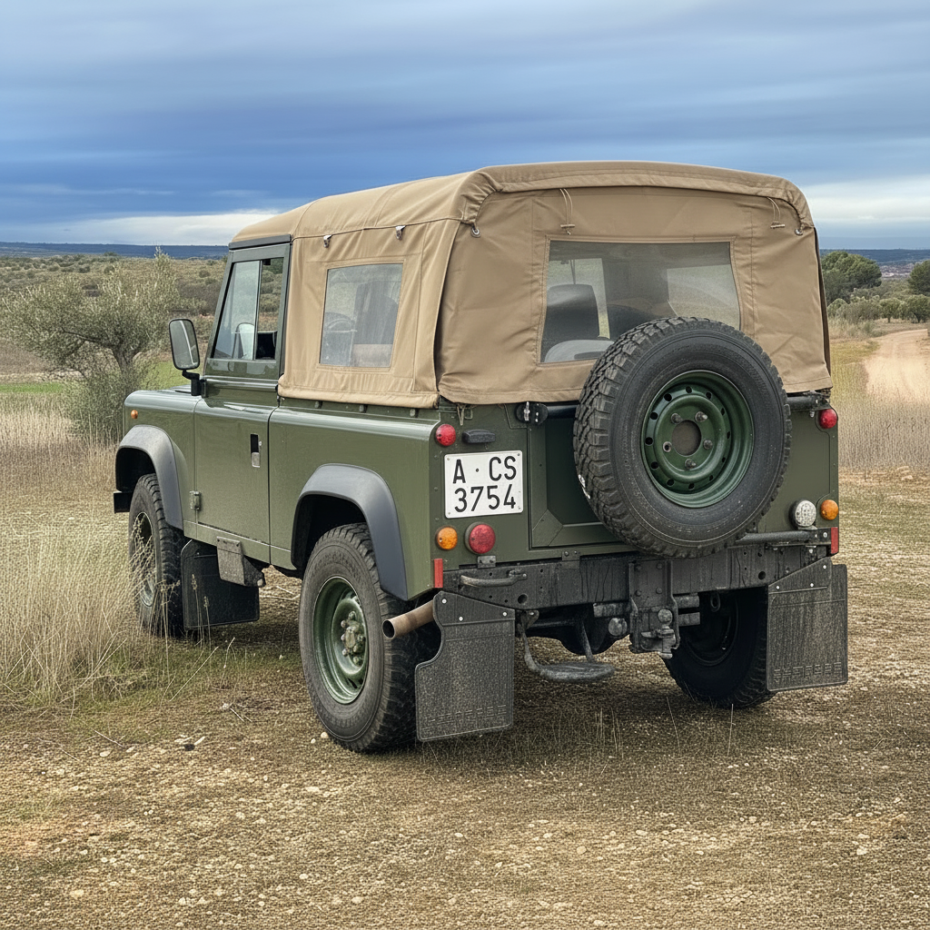 An olive green Land Rover Defender with a tan canvas soft top and a spare tire mounted on the rear, photographed outdoors on a dirt road under a cloudy sky.