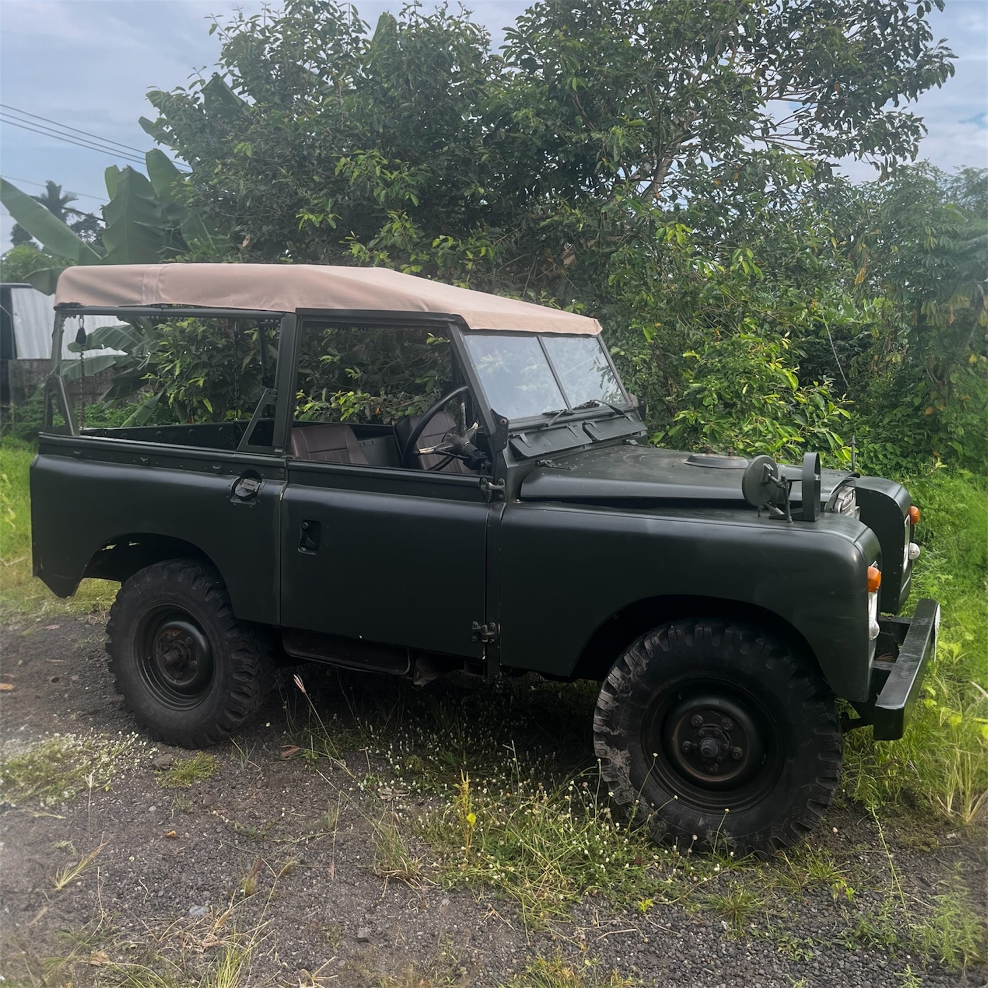 Green off-road vehicle in a natural setting with trees and grass.