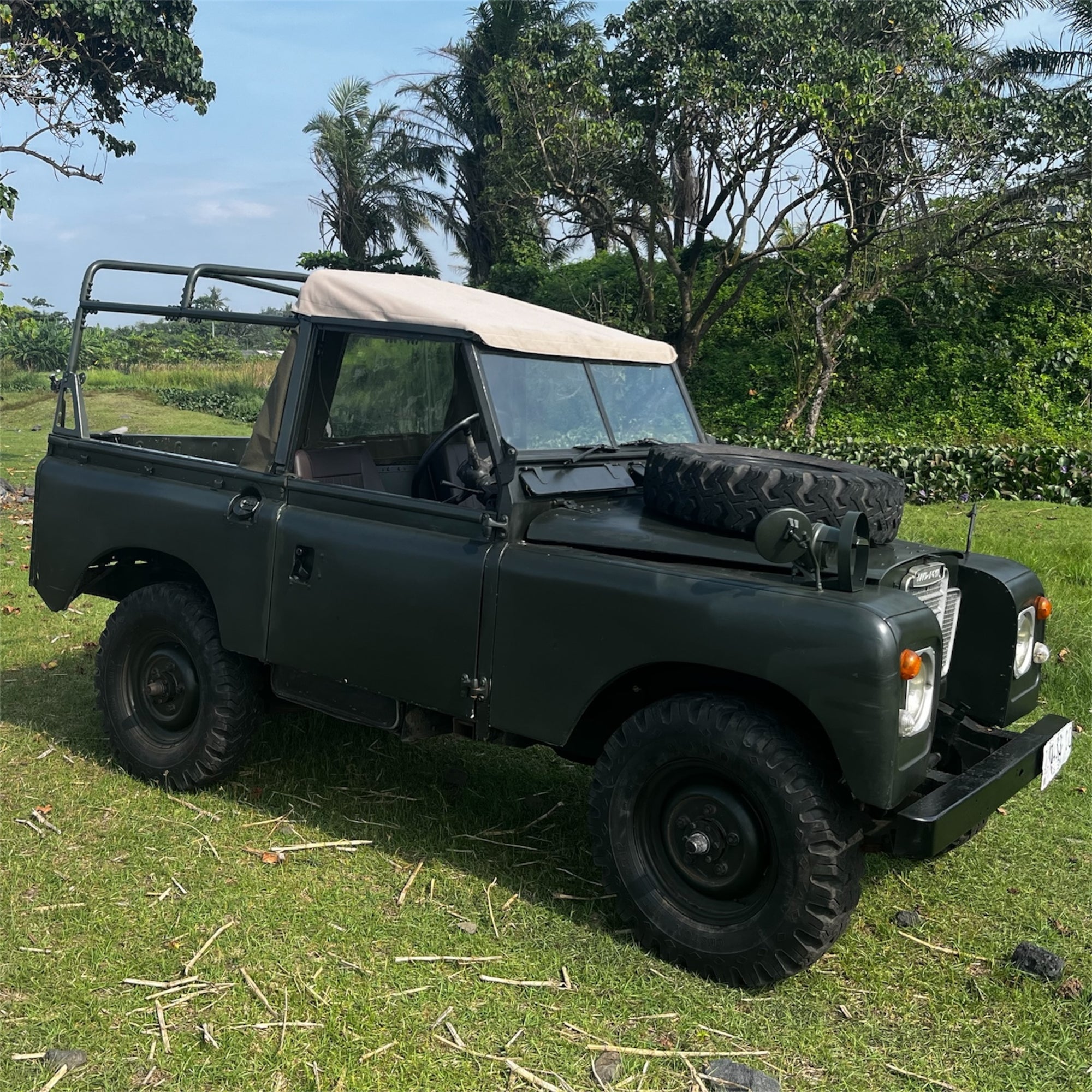 Green vintage jeep on grass with trees in the background