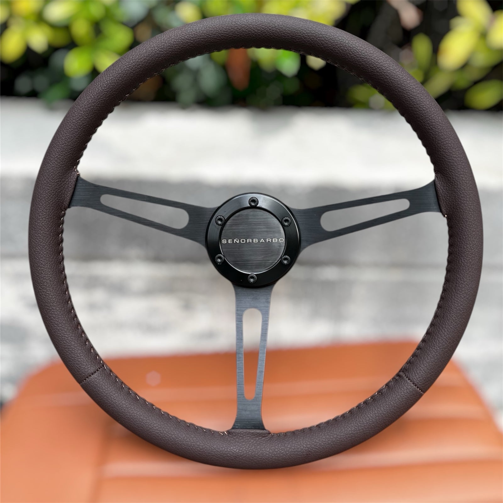 Steering wheel with 'Bendegarb' branding on a blurred background