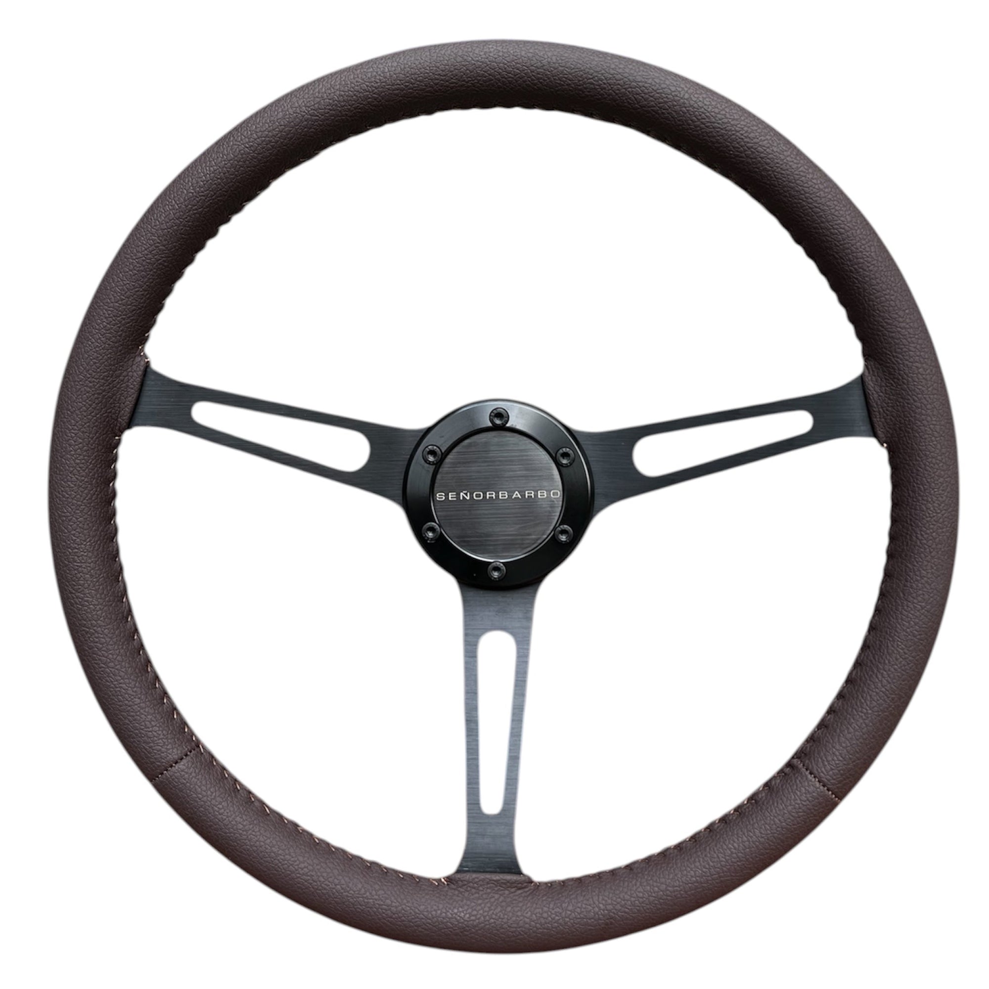Steering wheel with a brand logo on a white background
