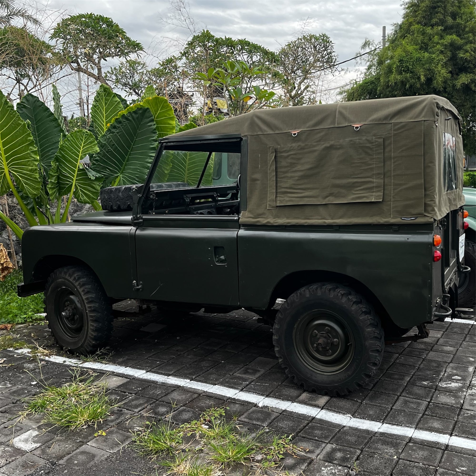Green vintage jeep with a canvas roof parked on a paved area with greenery in the background.