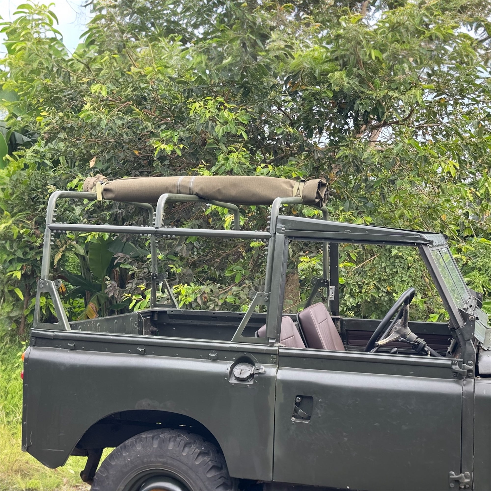 Vintage green jeep with a roll bar in a forest setting