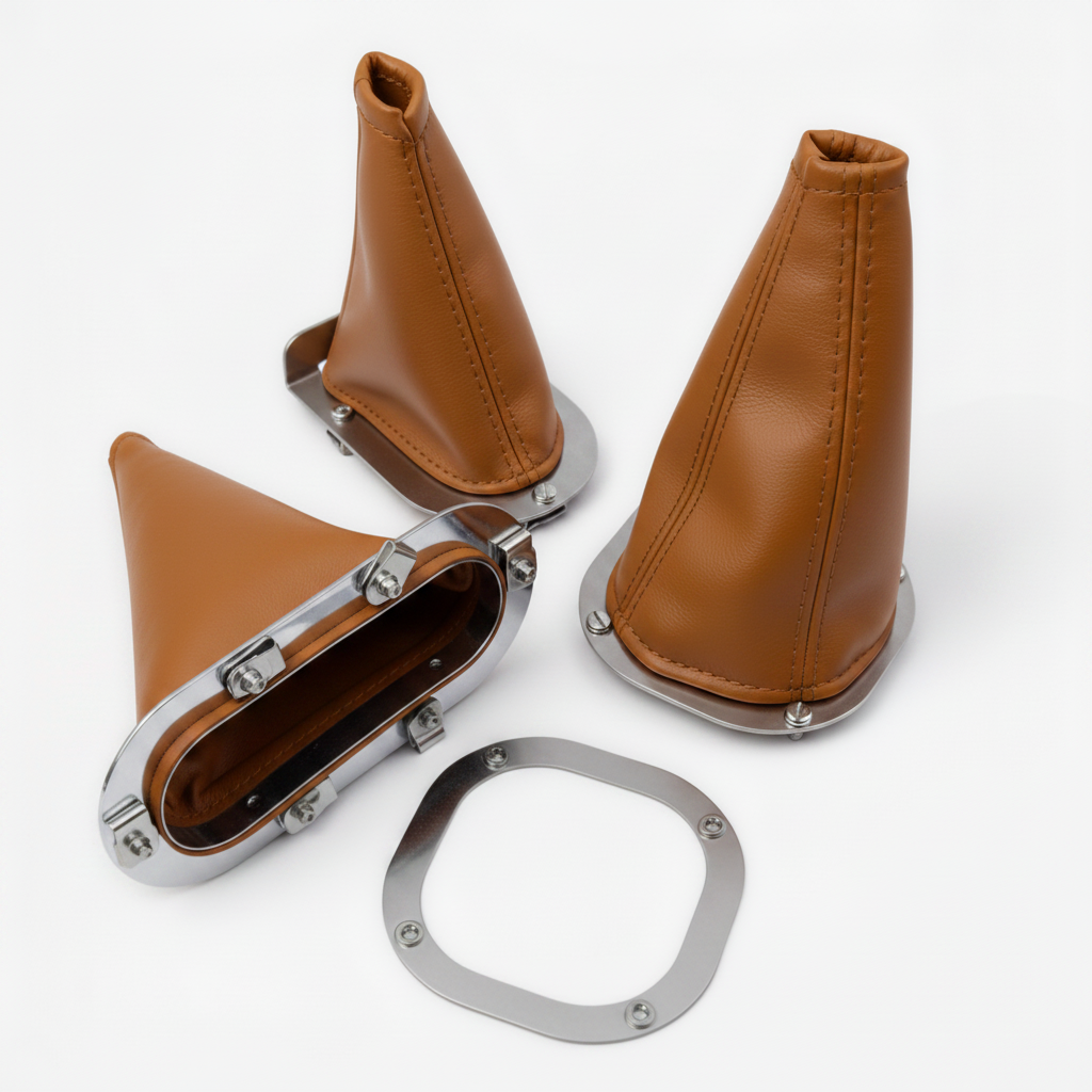 Brown leather gear shift boot with metal bracket on a white background