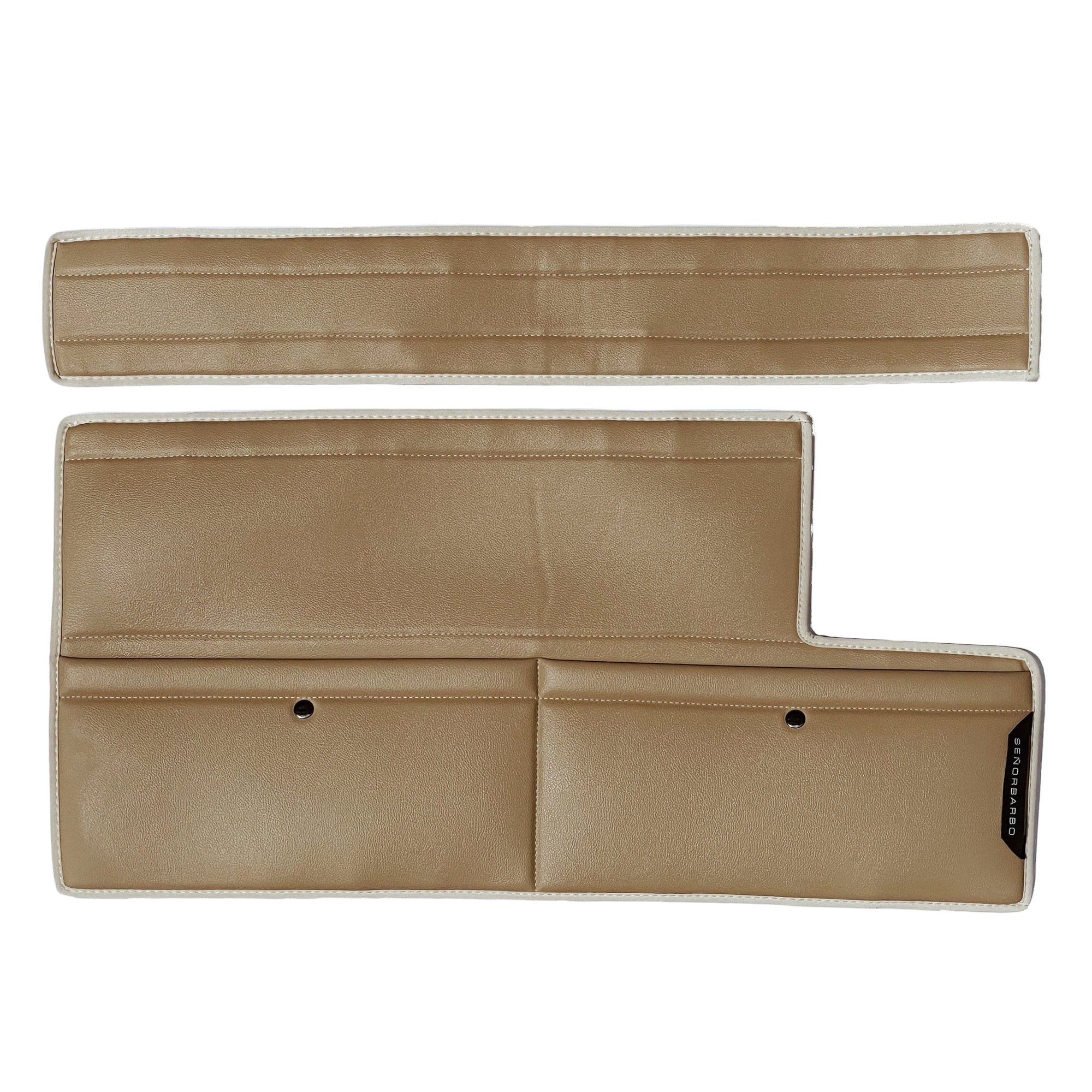 Beige car door panel and armrest set on a white background
