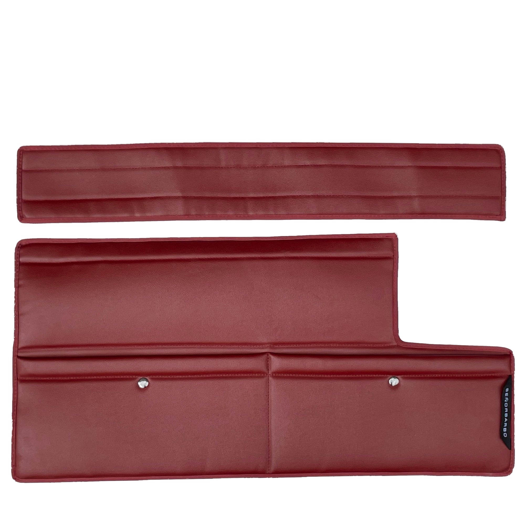 Maroon leather wallet with a flap on a white background