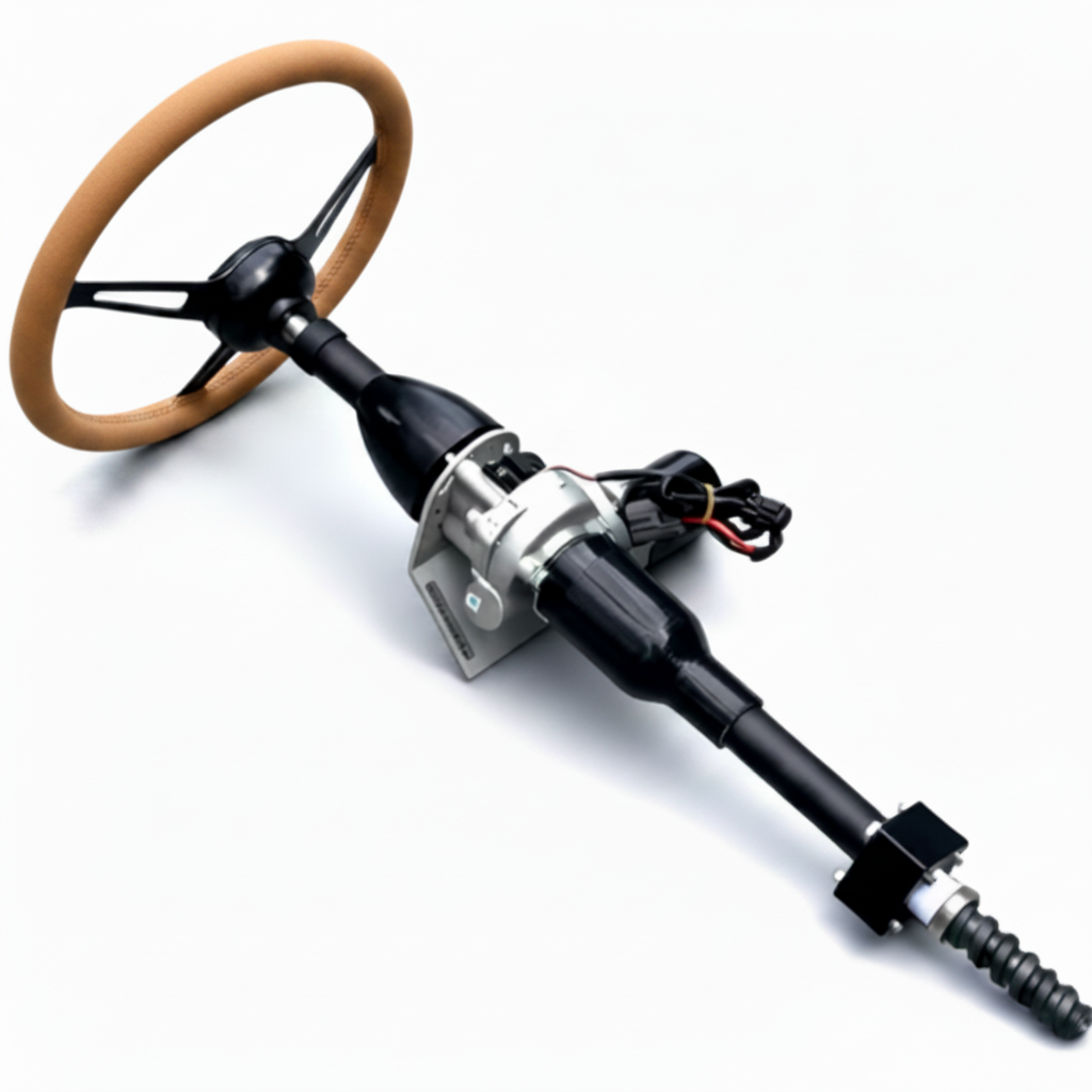 Steering wheel and column assembly on a white background