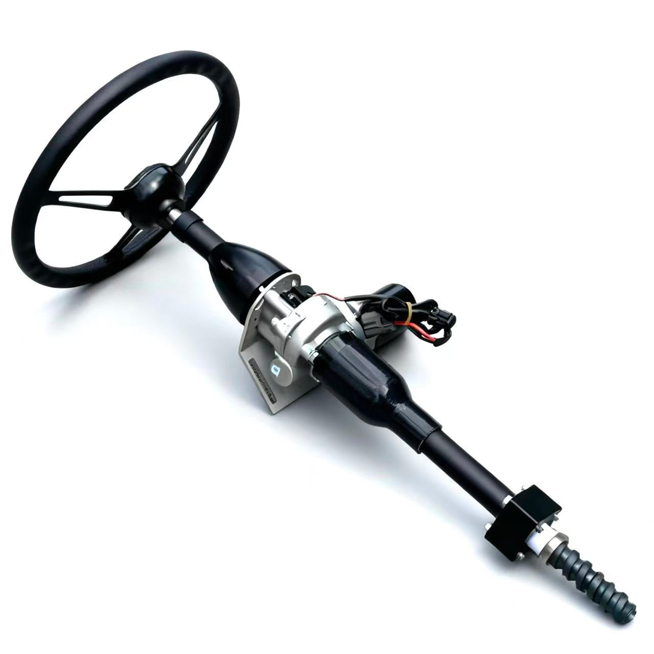 Steering wheel and column assembly on a white background