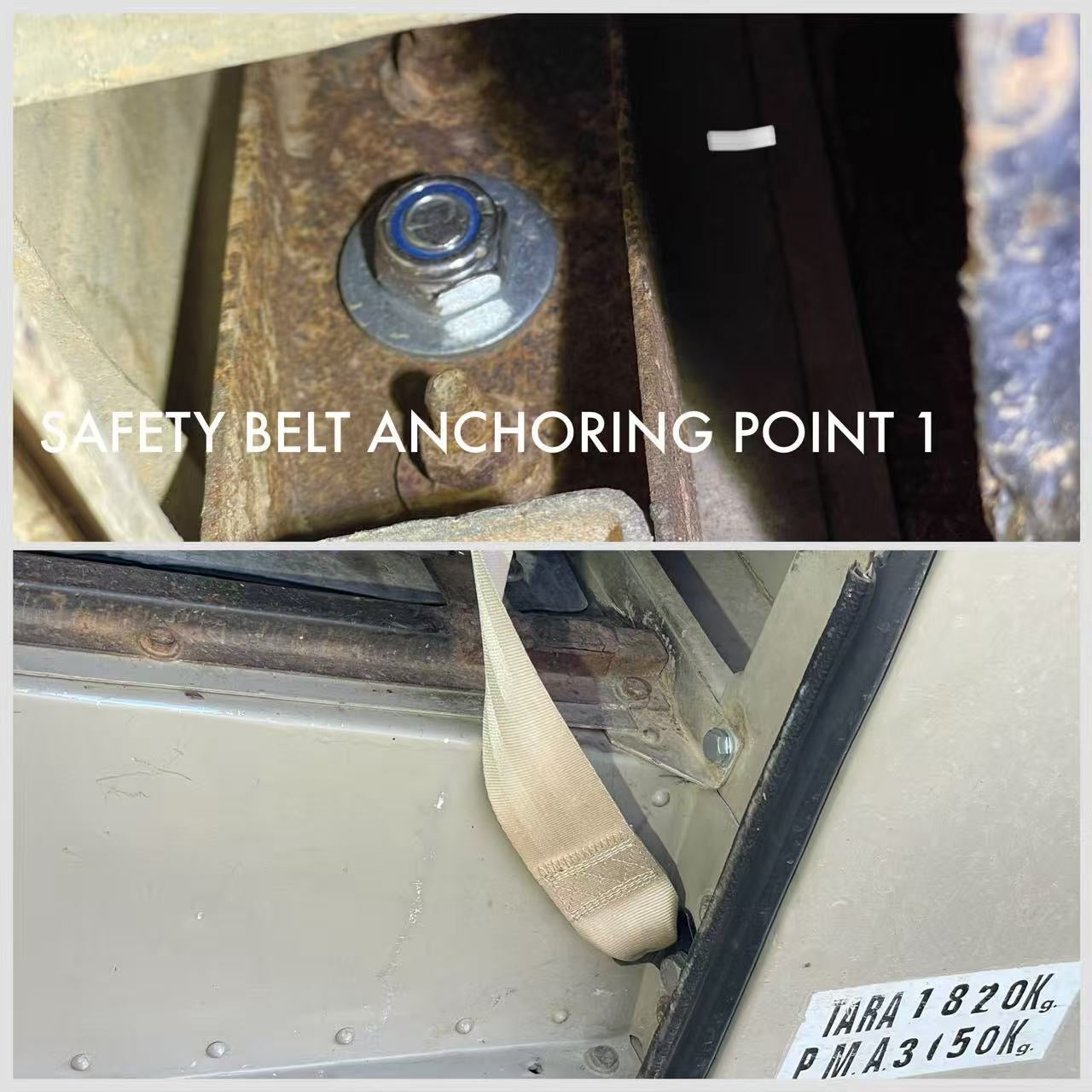 Safety belt anchoring point with text overlay on a vehicle interior.