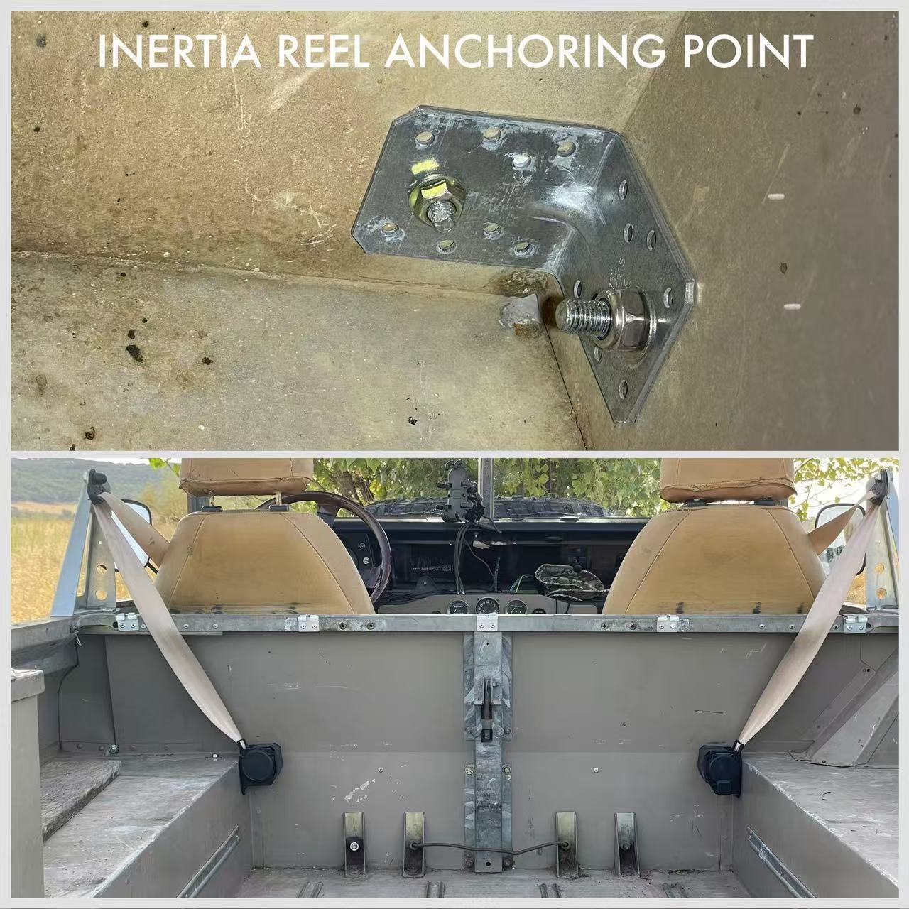 Inertia reel anchoring point on a vehicle interior with a concrete wall background.