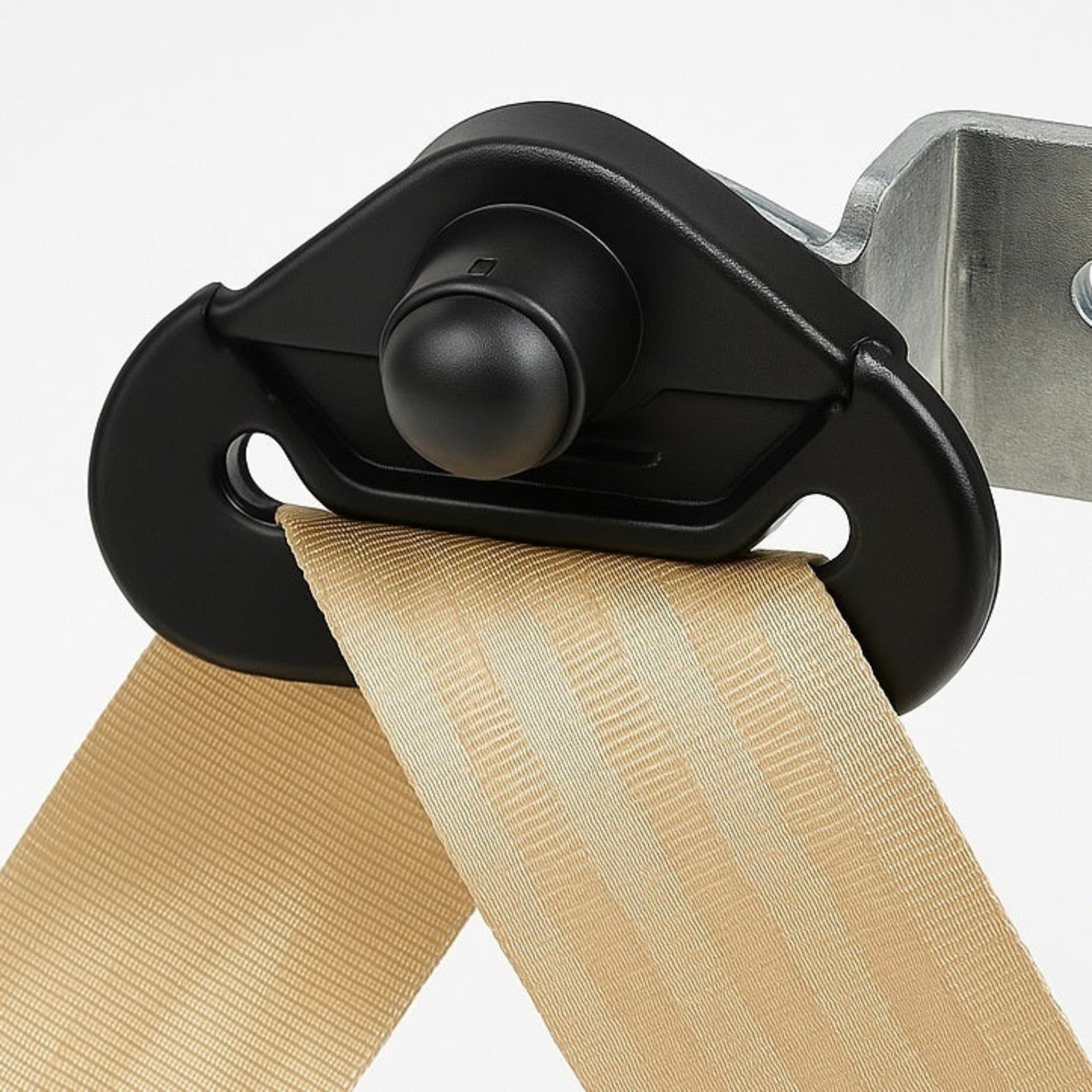 Black strap lock mechanism with beige strap on a white background