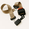 Car seat belt with black plastic hardware on a white background