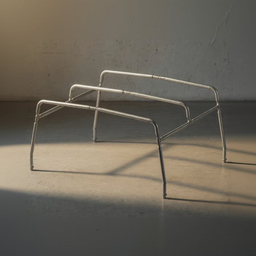 Metal pipe structure on a concrete floor with a neutral background