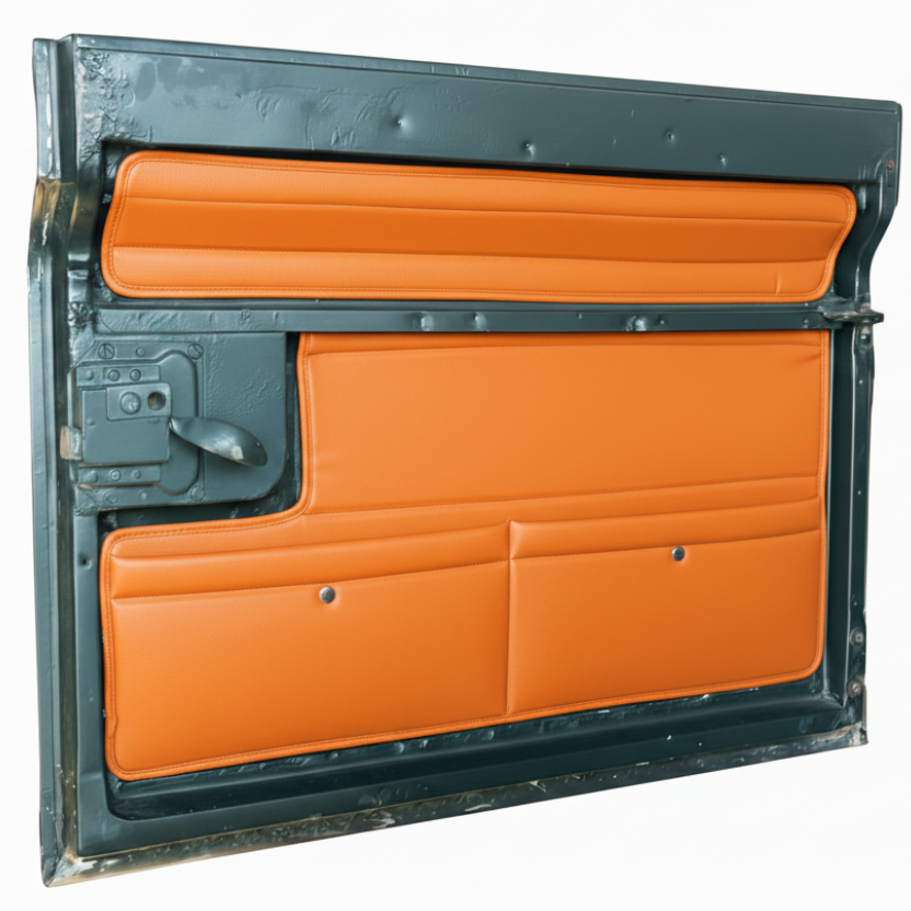 Orange vehicle door panel with black frame on a white background