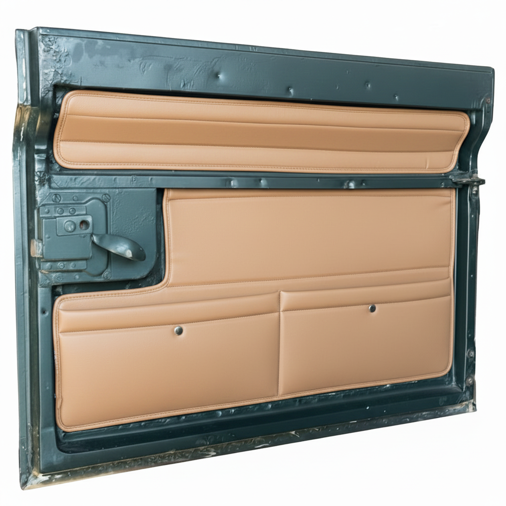 Maroon vehicle door panel with green frame on a white background