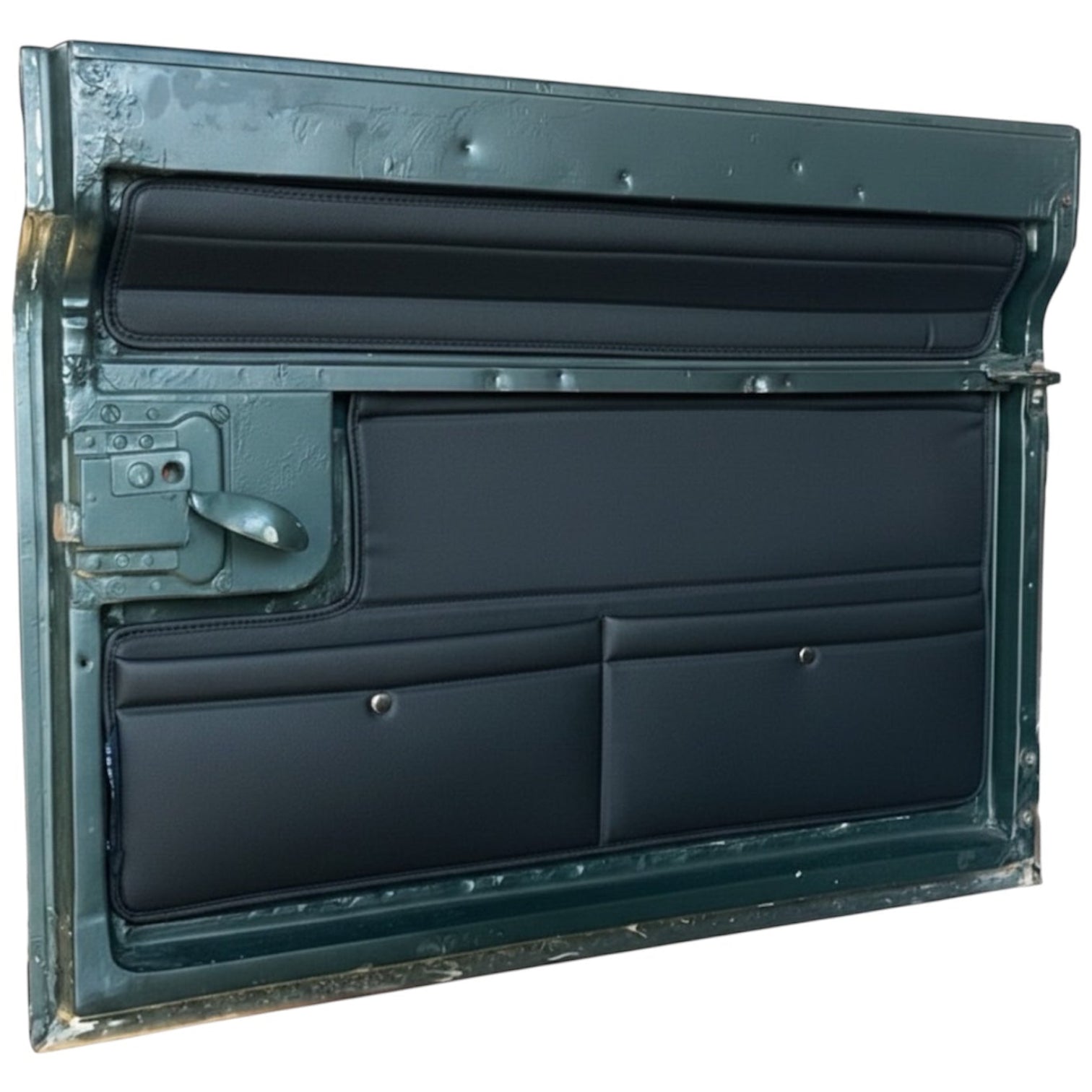 Black metal door with a handle on a white background