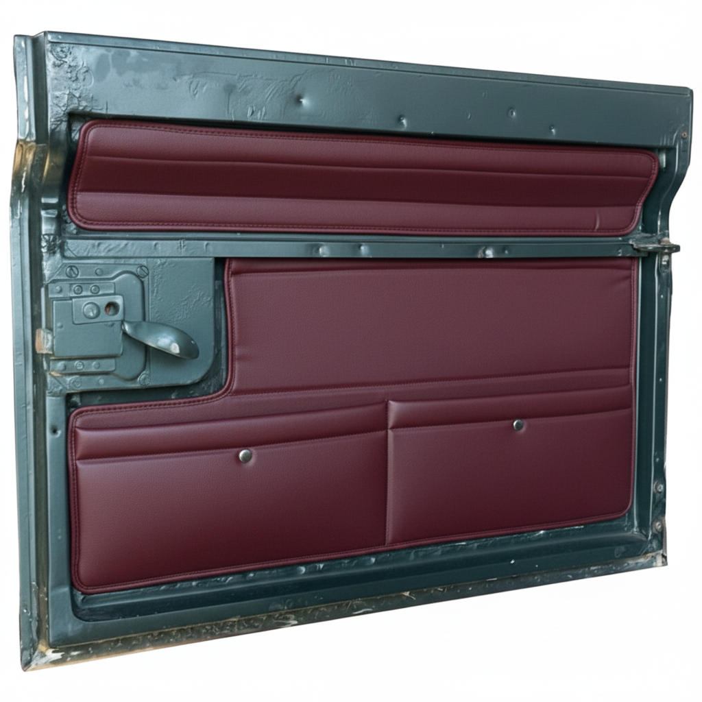 Maroon car door panel with green frame on a white background