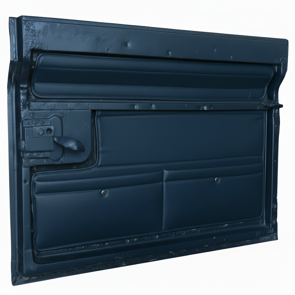 Green metal door with a handle on a white background