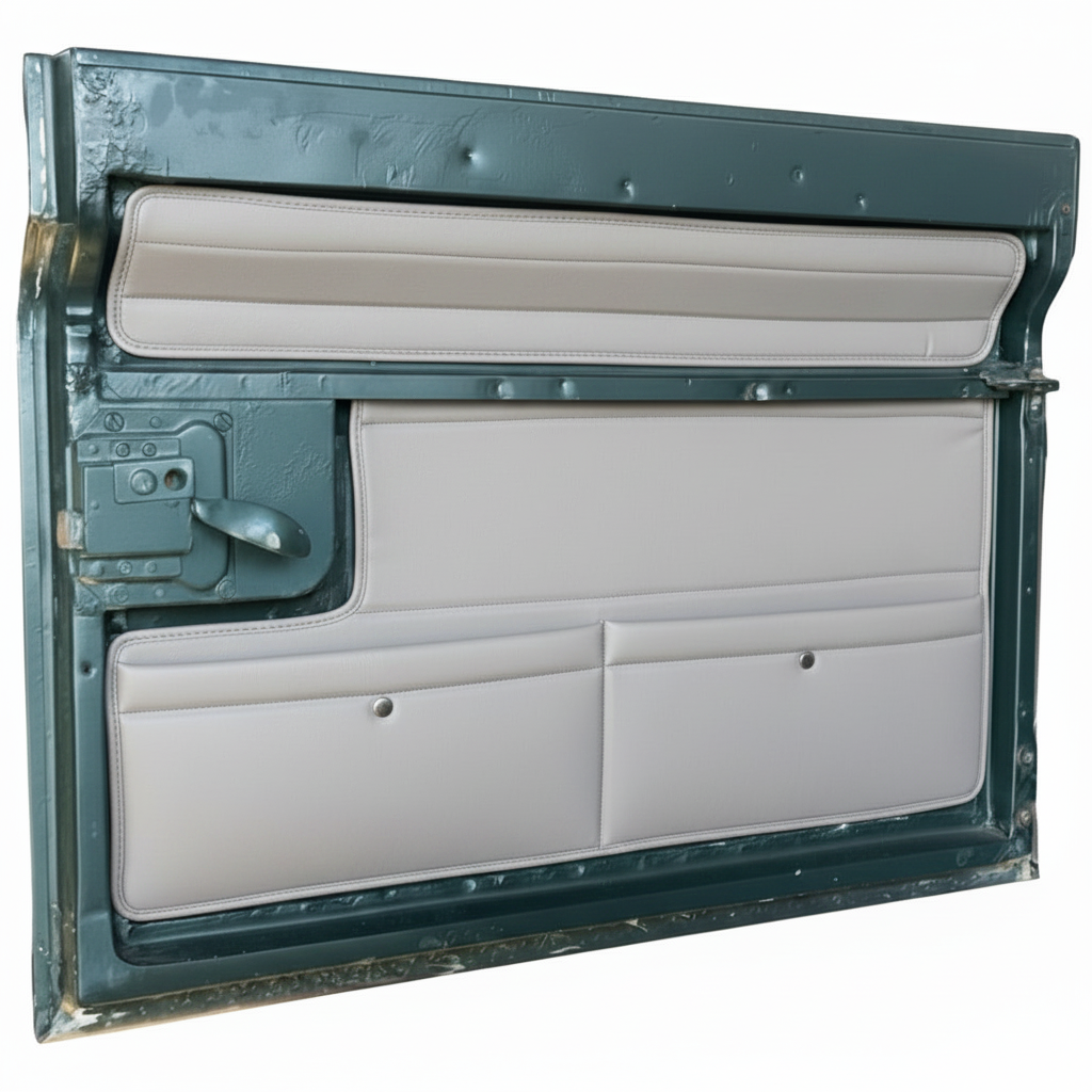 Section of a vehicle door with a green frame and beige panels on a white background