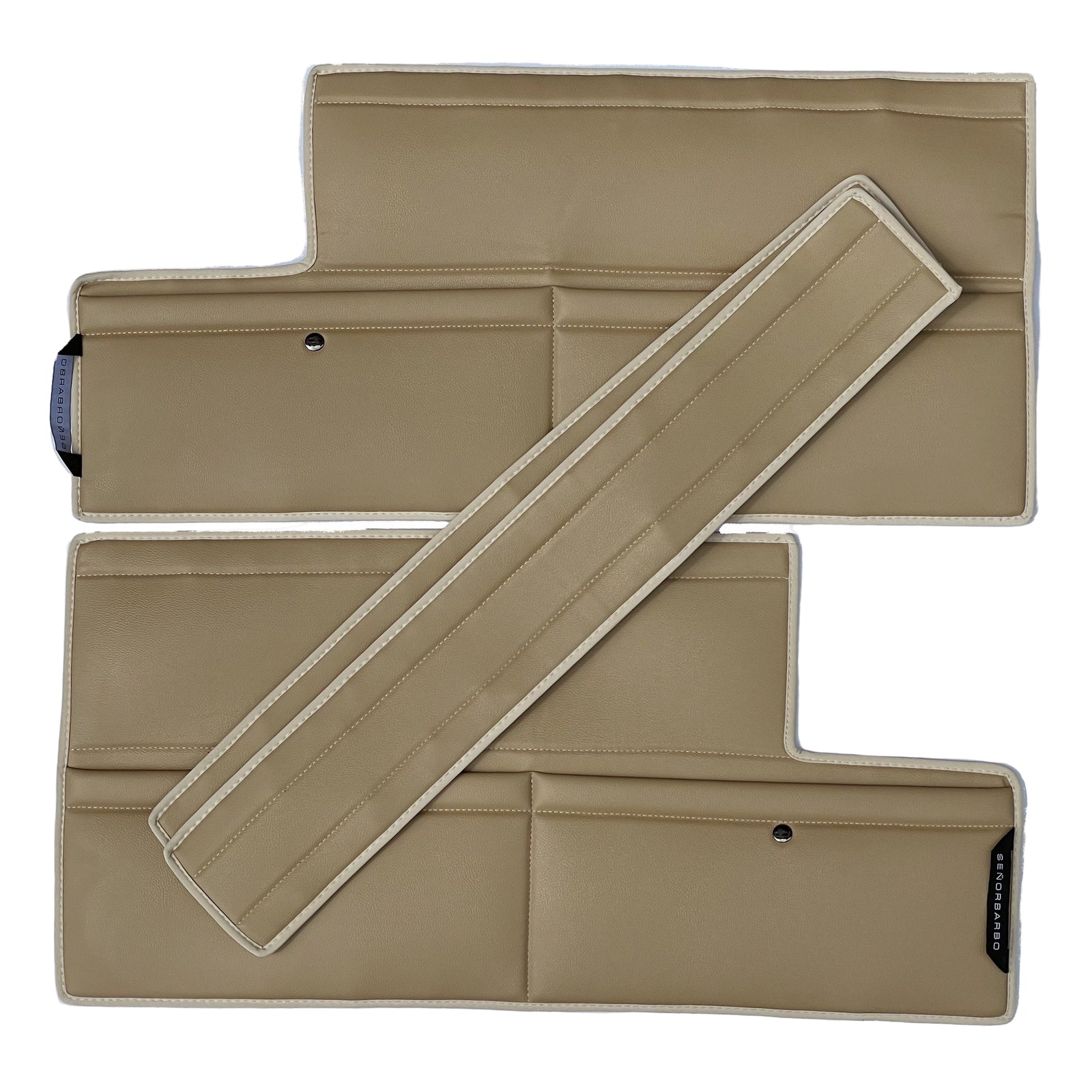 Set of beige car door pockets with a white border on a white background